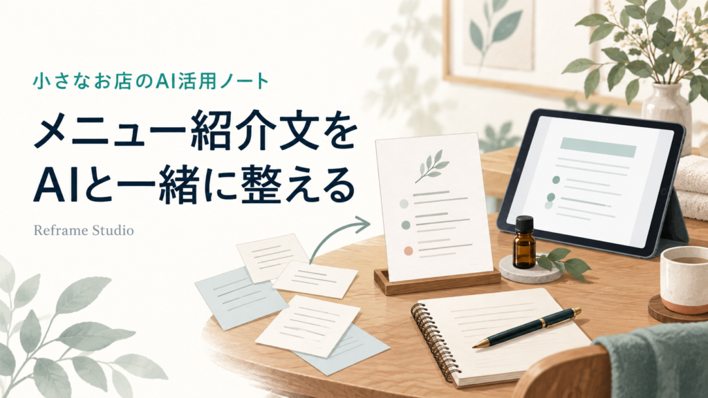 メニュー紹介文をAIと一緒に整える。メニュー表とタブレット、アロマボトルを描いたイラスト。